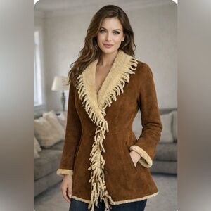 BISANG Women's Brown Suede Shearling Coat with Fringe Trim